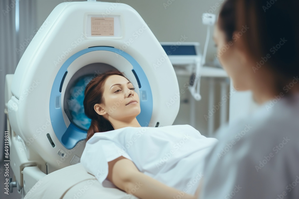 Female Doctor Looking At Patient Undergoing CT Scan, Doctor in uniform using tomography machine with lying patient in hospital Female Doctor Looking At Patient Undergoing CT Scan, Doctor in uniform using tomography machine with lying patient in hospital