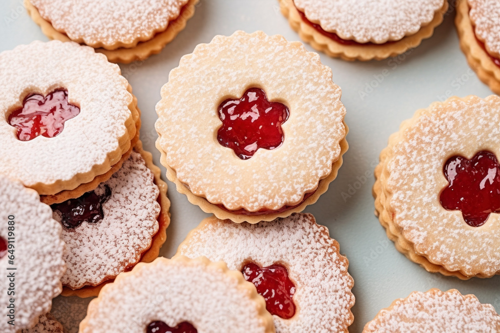 Top view of taditional Austrian or German Linzer cookies with shortcrust pastry and jam filling Top view of taditional Austrian or German Linzer cookies with shortcrust pastry and jam filling