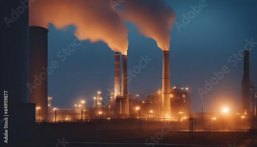 Climate change smoke from chimney  Smoke independent burning factory chimneys taking part in production process  Exhaust smoke and air pollution stock photo.