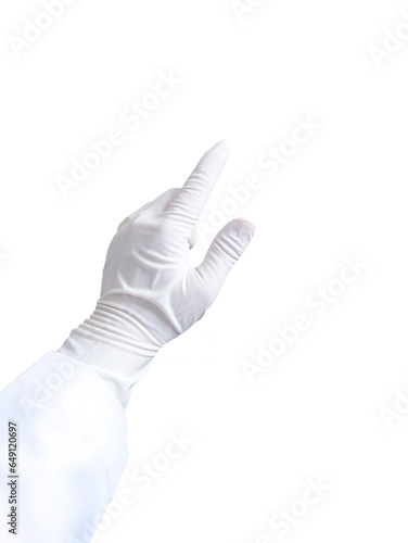 Doctor's hand wearing gloves, hand wearing gloves, sterile hand, doctor's hand about to perform surgery, Doctor's hand showing index finger, the background of the image is white