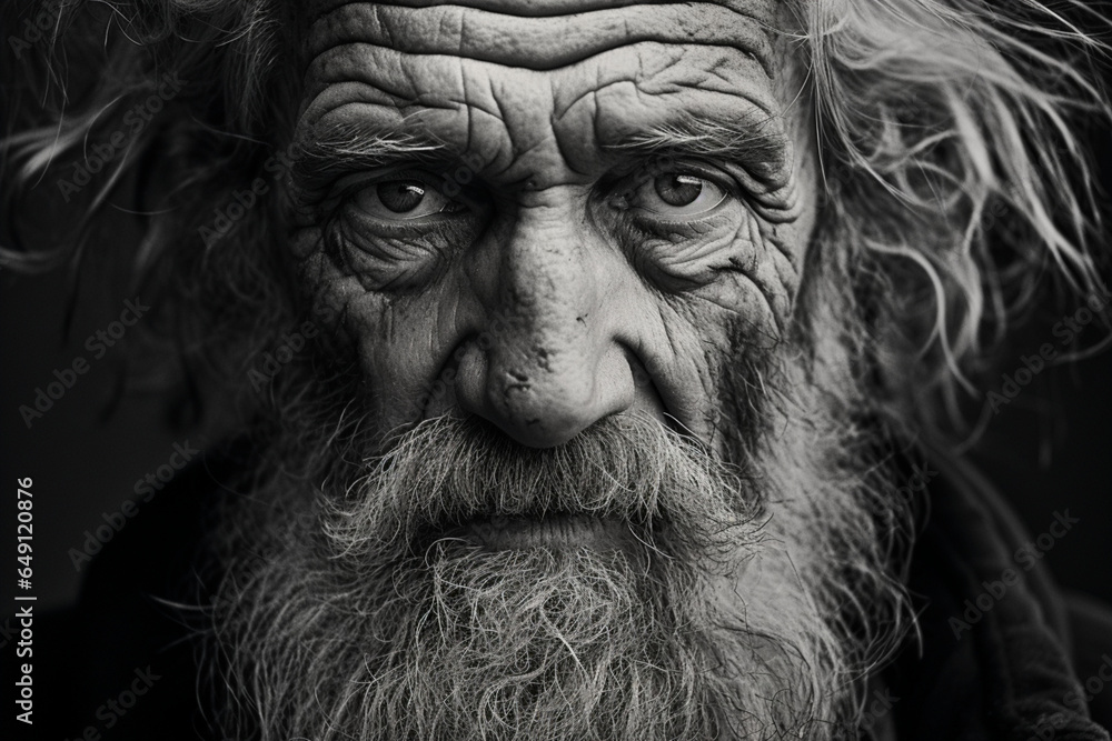 Face of an old man in black and white