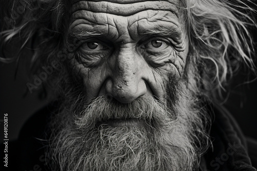 Face of an old man in black and white