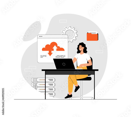 SaaS concept, Software as a service. Cloud computing and storage, online subscription to programs. Illustration with people scene in flat design for website and mobile development.