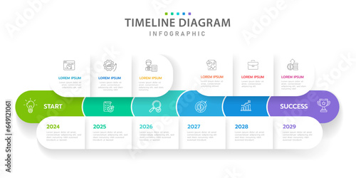 Infographic template for business. 5-6 Steps Modern Timeline diagram with roadmap and rounded rectangle topic charts, presentation vector infographic.