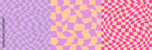 Pattern Psychedelic checkerboard set. Groovy retro checkered texture. Psychedelic playful background. Retro graphic y2k design. Vector illustration