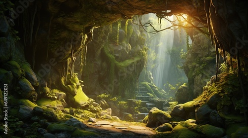 illustration of two caves are covered with moss high in the mountains. Tunnel in the rocks, Entrance to the ancient cave, wildlife, beauty of nature, thickets, Grotto