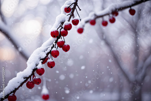 Christmas Winter Vibe Photo of the Snowy Branches with Red Berries
