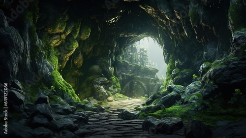 illustration of two caves are covered with moss high in the mountains. Tunnel in the rocks  Entrance to the ancient cave  wildlife  beauty of nature  thickets  Grotto