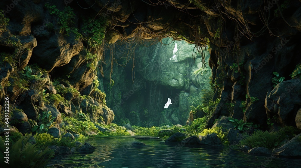 Fototapeta premium illustration of two caves are covered with moss high in the mountains. Tunnel in the rocks, Entrance to the ancient cave, wildlife, beauty of nature, thickets, Grotto