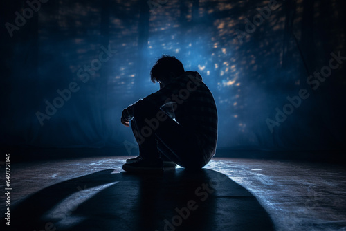 Dramatic, Silhouette of Sad Depressed man sitting head in hands on the floor, Sad man, Cry, drama, lonely and unhappy concept