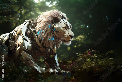 Image of male lion gundam robot technology an ectronic in the forest. Wildlife Animals. Generative AI. Illustration. © yod67