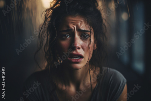 Dramatic Portrait of woman is having a nervous breakdown at wor photo