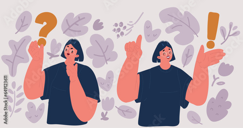 Vector illustration of woman are looking for answers around giant question marks and exclamation points.