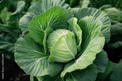 Cabbage growing in an urban garden. Cabbage leaves and head close up.