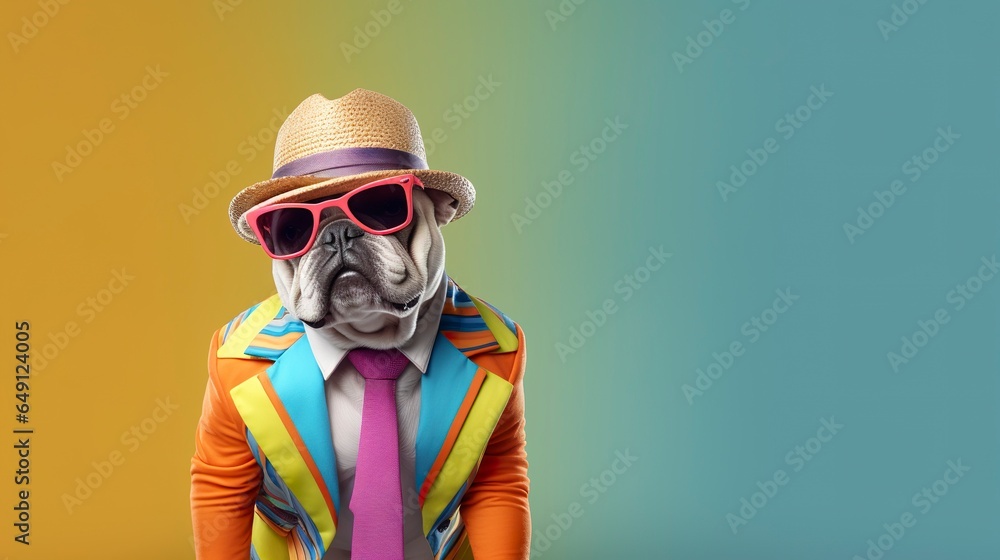 Cool looking bulldog wearing funky fashion dress. space for text right side.