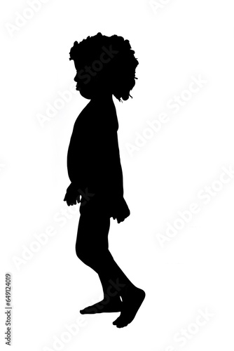 side view silhouette of a boy in shorts with curly hair walking on white background.