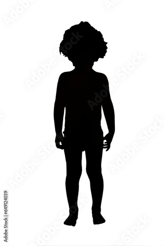 Front view silhouette of a boy in shorts with curly hair standing on white background.