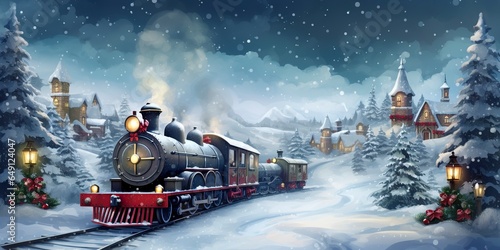 19th century train going throw a village in winter with a snow background. photo