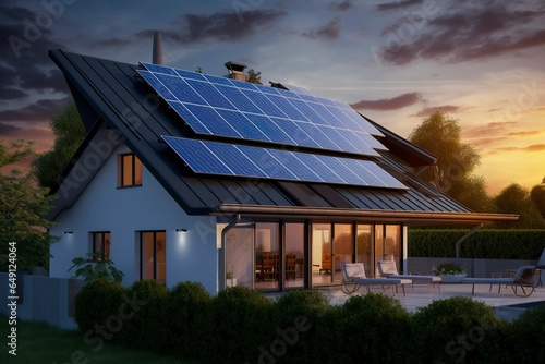 Modern house with blue solar panels on the roof. End of the day, sunset.