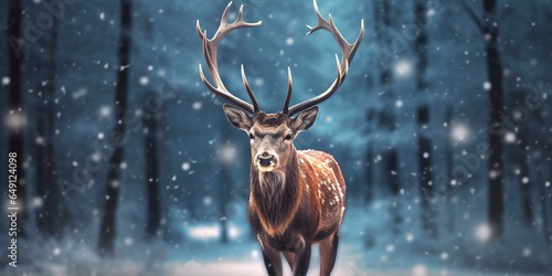 Noble deer male in the winter snow forest. Artistic winter Christmas landscape. © SAJEDA