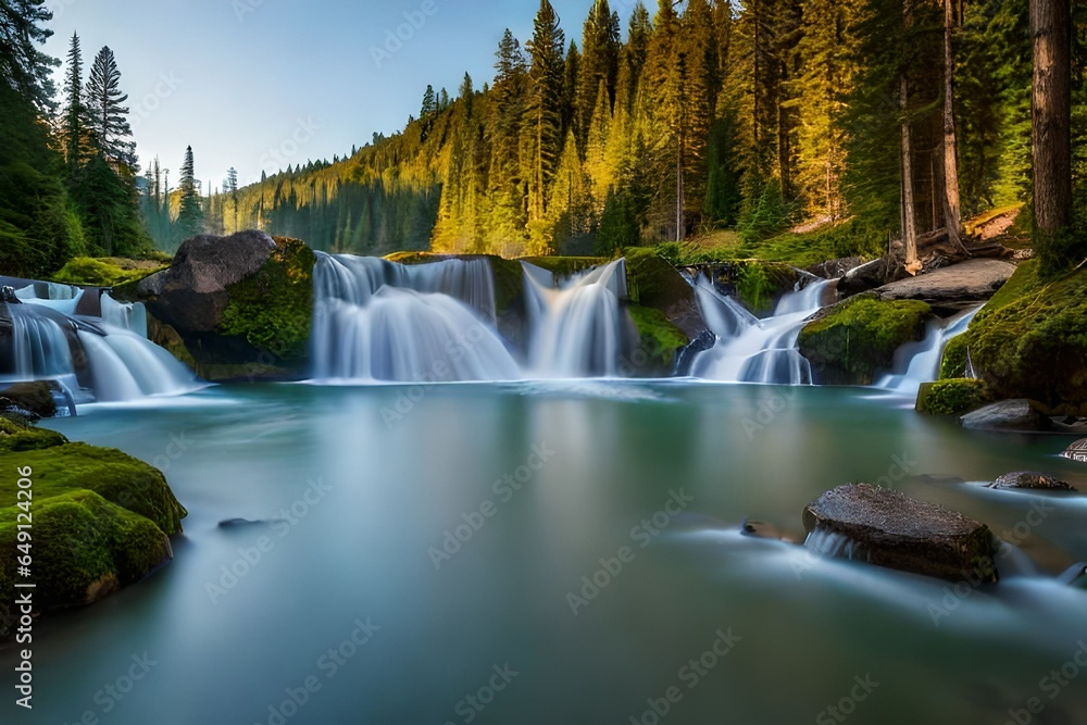 Fototapeta premium Cascading Waterfall in Lush Forest with Mossy Rocks
