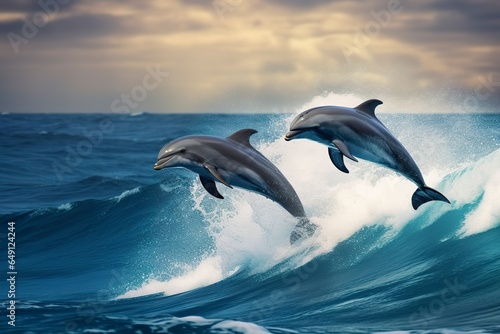 Playful dolphins jumping over breaking waves. Hawaii Pacific Ocean wildlife scenery. © SAJEDA