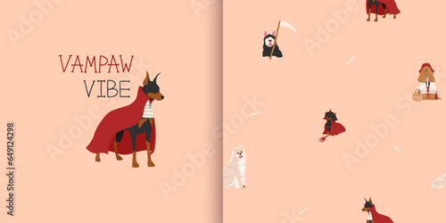 Halloween seamless pattern with dogs in cute halloween costumes. Bee, pirate, mummy and scarecrow. Greeting card with doberman pinscher in vampire Halloween costume. Vector illustration. Trick or
