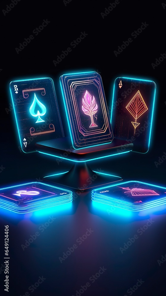 Some playing cards with glowing neon designs on a tablet. Some playing cards with glowing neon designs on a tablet.