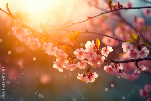 Spring blossom background. Nature scene with blooming tree and sun flare.