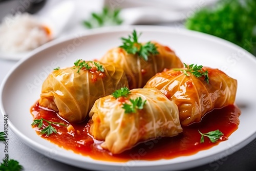 Stuffed cabbage with rice on a white table.