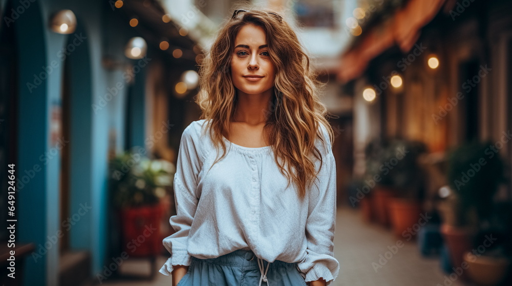Portrait of a beautiful young woman with long curly hair in the city - obrazy, fototapety, plakaty 