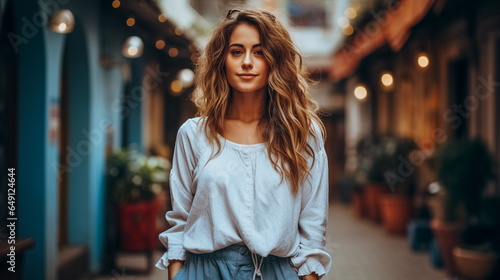 Portrait of a beautiful young woman with long curly hair in the city