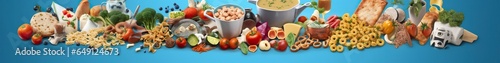 Web page banner of famous Italian food recipes on clean blue background. photo