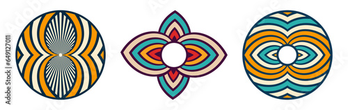 Set of abstract round meanders, circular colorful geometric ethnic ornaments, symbols isolated on white background. Decorative round ornaments collection. Vector color templates.