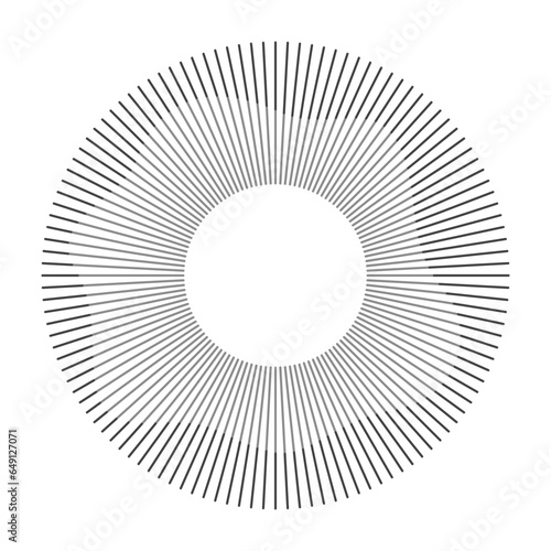 Circular frame. Round shape. Radial concentric lines. Gray ring of short thin rays with wavy silhouette isolated white background. Design element. Sound wave. Sun ray. Vector illustration.