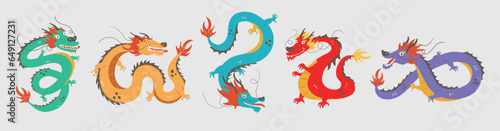 Set of Chinese dragons.Chinese New Year, Traditional Chinese Dragon character Mythological creatures. Zodiac sign. Chinese asian cartoon style. Hand drawn colored Vector illustration. Vector oriental 