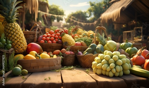 various fruits with an African village background, ai generative photo