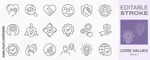 Core values icons, such as mission, business, company, integrity and more. Editable stroke.