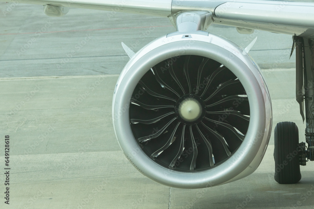 Close-up of blades of the turbofan engine of the aircraft