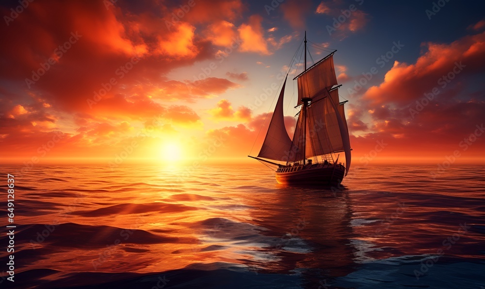 sailboat in the sea with sunset, ai generative