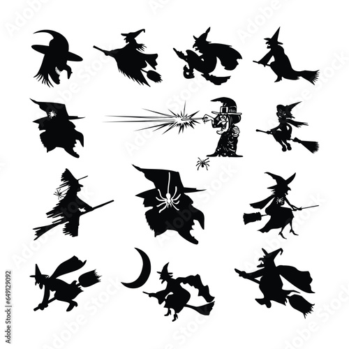 Halloween witch vector silhouette illustration set isolated on a white background.