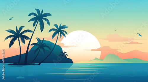 minimalist flat vector wallpaper empty ocean, tropical island palm background, with empty copy space © Uwe