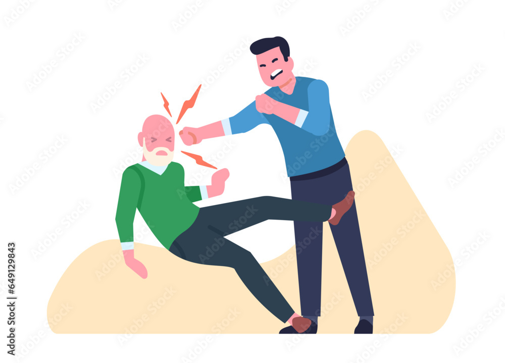 Aggressive man beating old man with fists. Males fight. Abusive communication. Grandpa falling from hit. Angry guy bullying grandfather. Elderly father and son quarrel. Vector concept Aggressive man beating old man with fists. Males fight. Abusive communication. Grandpa falling from hit. Angry guy bullying grandfather. Elderly father and son quarrel. Vector concept
