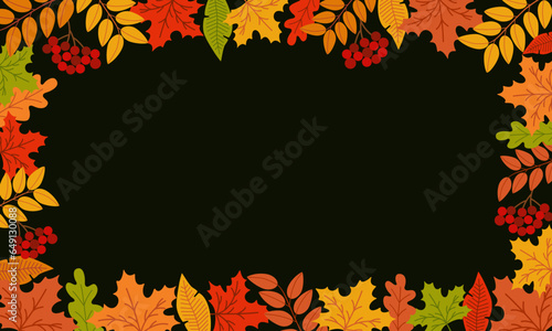 Autumn banner template with orange  yellow  green different leaves and branches of ripe red rowan. Hand drawn vector illustration isolated on black background  flat cartoon style.