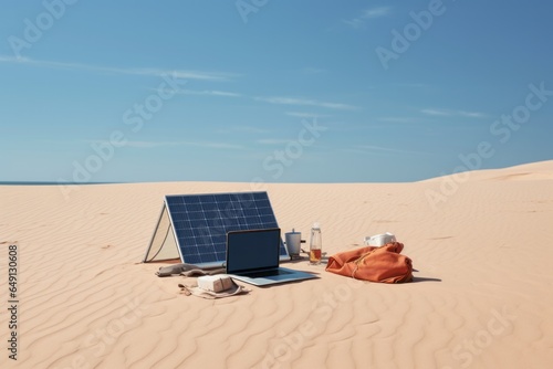 A laptop in the desert powered by solar panels, merging work and leisure during an expedition. The essence of remote working