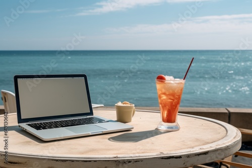 Laptop and iced tea on an aged table against the backdrop of the ocean, illustrating the blend of work and relaxation