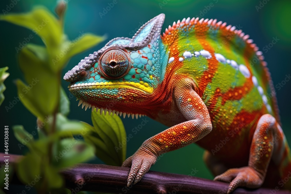 Colorful chameleon on a branch. Close-up. Close up of colorful chameleon on green leaves. Wildlife animal, AI Generated Colorful chameleon on a branch. Close-up. Close up of colorful chameleon on green leaves. Wildlife animal, AI Generated