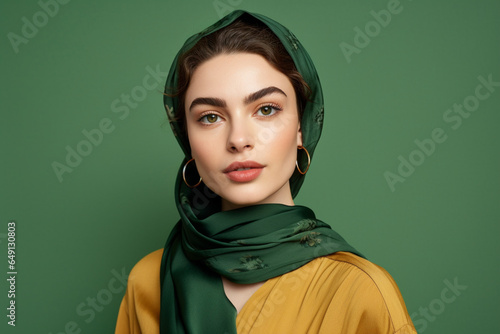 Cropped shot of a beautiful young woman wearing a headscarf against a green background