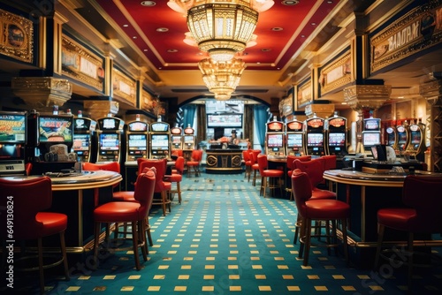 Luxury casino interior with slot machines, 3d render. Classic vintage american las vegas casino interior, AI Generated