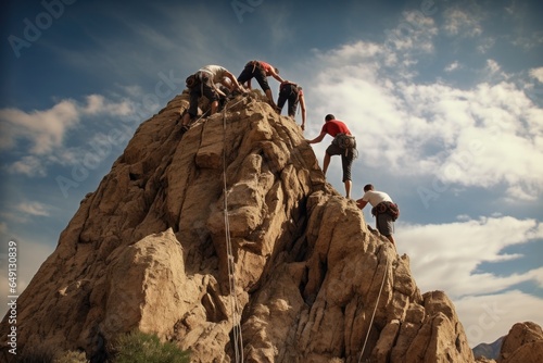 Climbers climbing on a rock in the desert of California. Climbers helping another climber to climb up, Rear View, No visible faces, AI Generated
